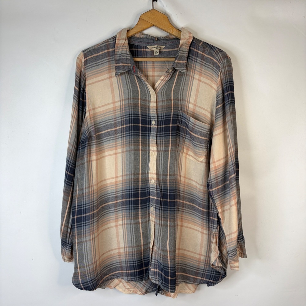 Lucky Brand Plaid Button Down Women 2X Blue Tan Modal Back Detail Shirt